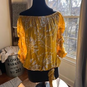 Ivy Road, Fun lightweight mustard gold, island style blouse with ruffled sleeves